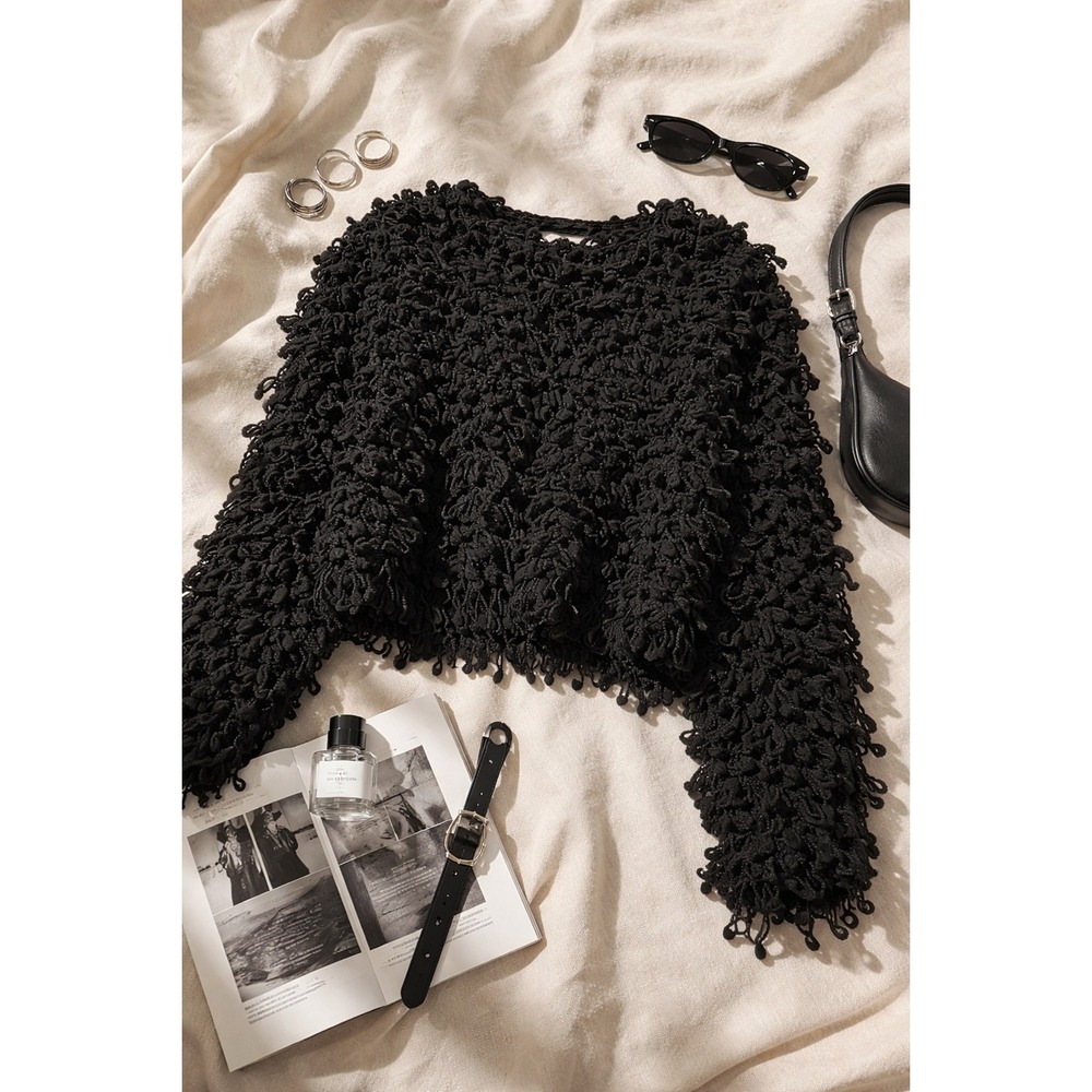 Zara Textured Fringe Knit Sweater Black Cropped Avant Garde Top S